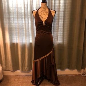 Brown and gold halter formal dress